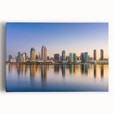 Black and white photo of San Diego skyline on large stretched canvas, ideal for kitchen wall art.