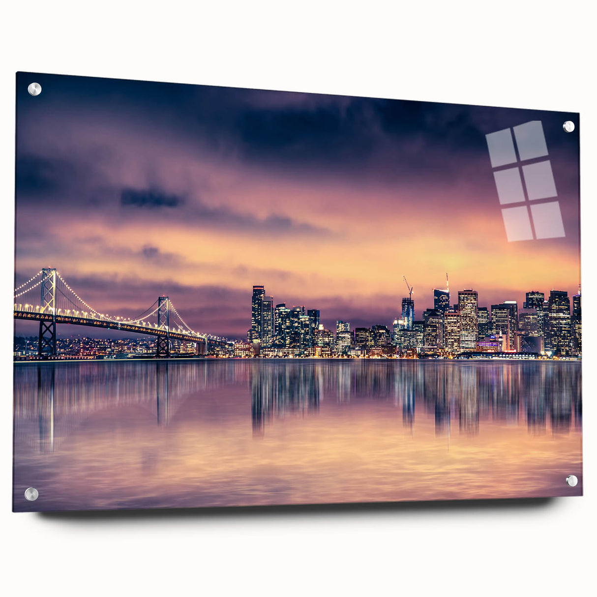 San Francisco skyline in muted gray and blue tones on large acrylic glass, suitable for dining room or bedroom decor.