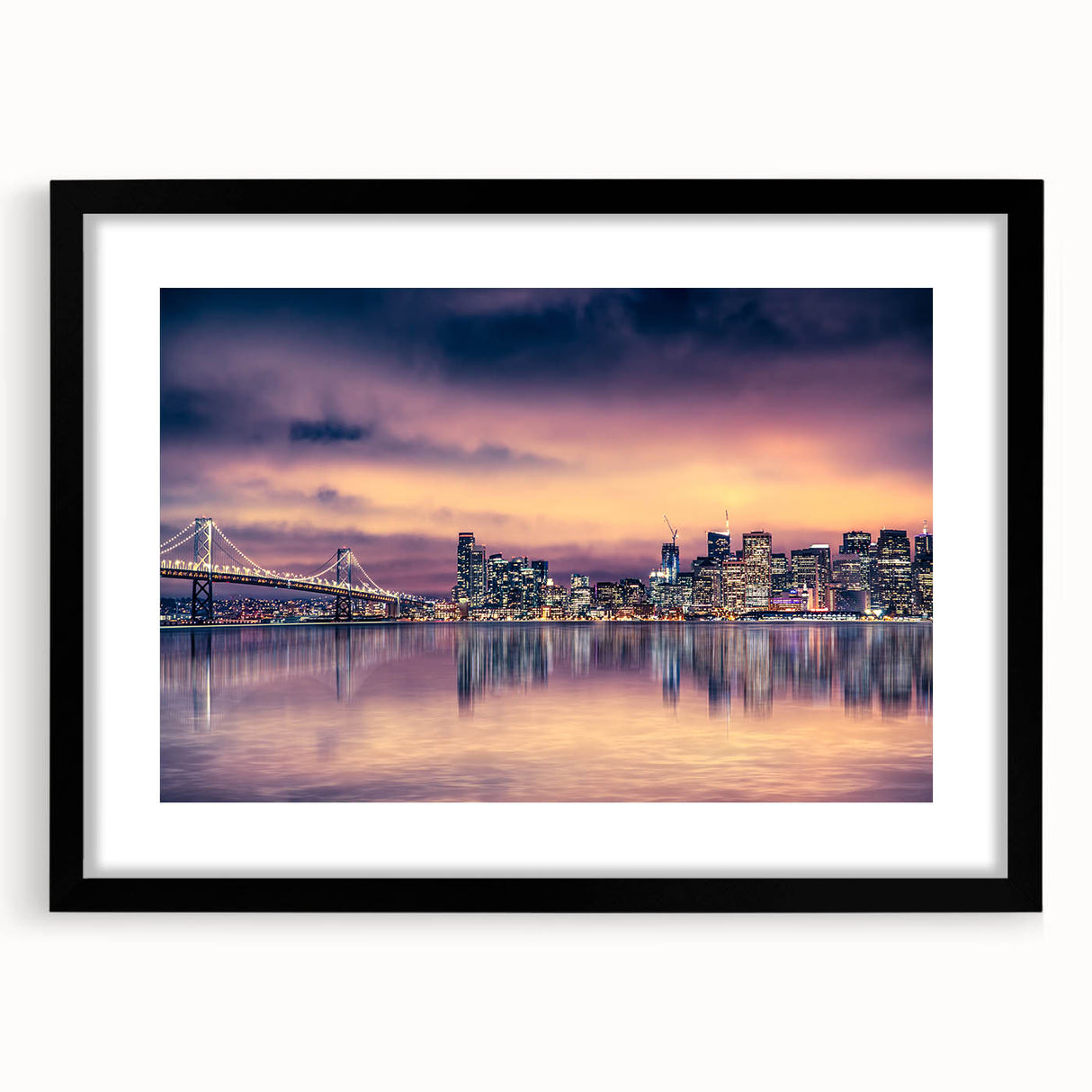 Extra large abstract art print of San Francisco scenery in colorful, textured style on a black framed canvas.