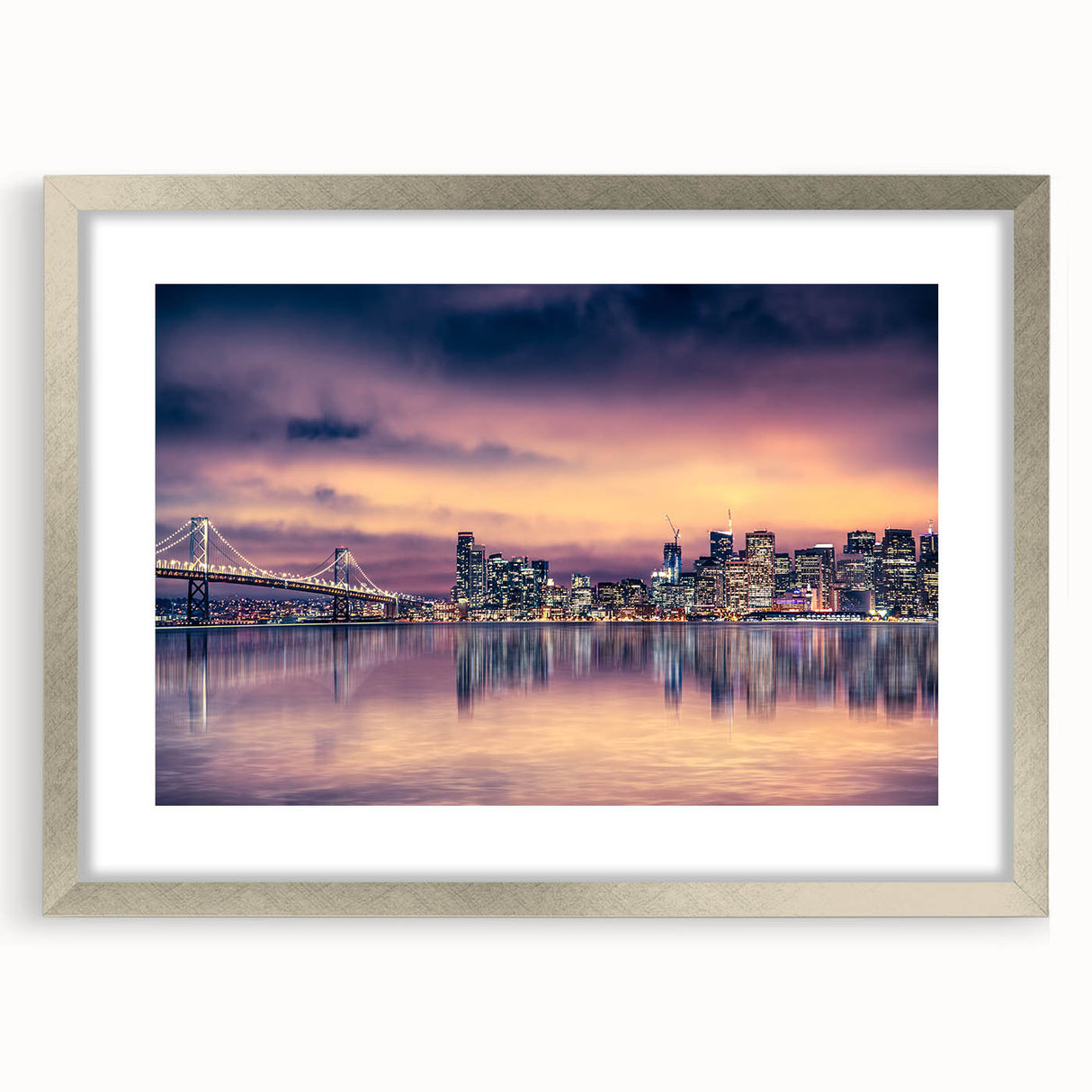 Textured art print of an abstract San Francisco skyline in muted gray tones on a framed canvas, ideal for bedroom decor.