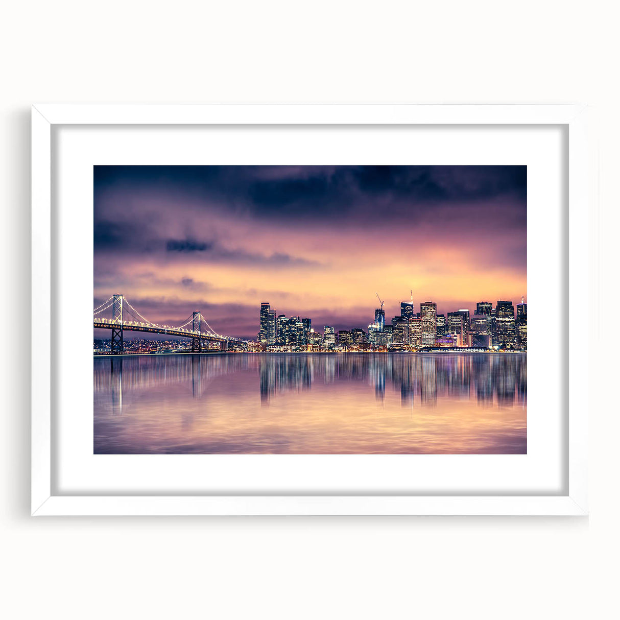 Abstract art print of San Francisco skyline in muted blue and gray tones on a framed white mat, ideal for dining room decor.