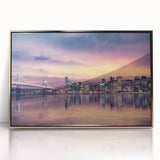 Acrylic print of San Francisco skyline in gold and blue tones, framed in mid-century modernist style.