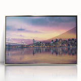 Mid-century modernist art depicting the San Francisco skyline in muted blue tones on a framed acrylic print.