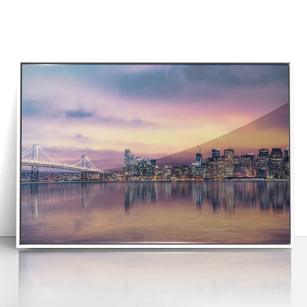 Framed acrylic print of San Francisco skyline in muted blue and gray tones, suitable for modern art wall decor.