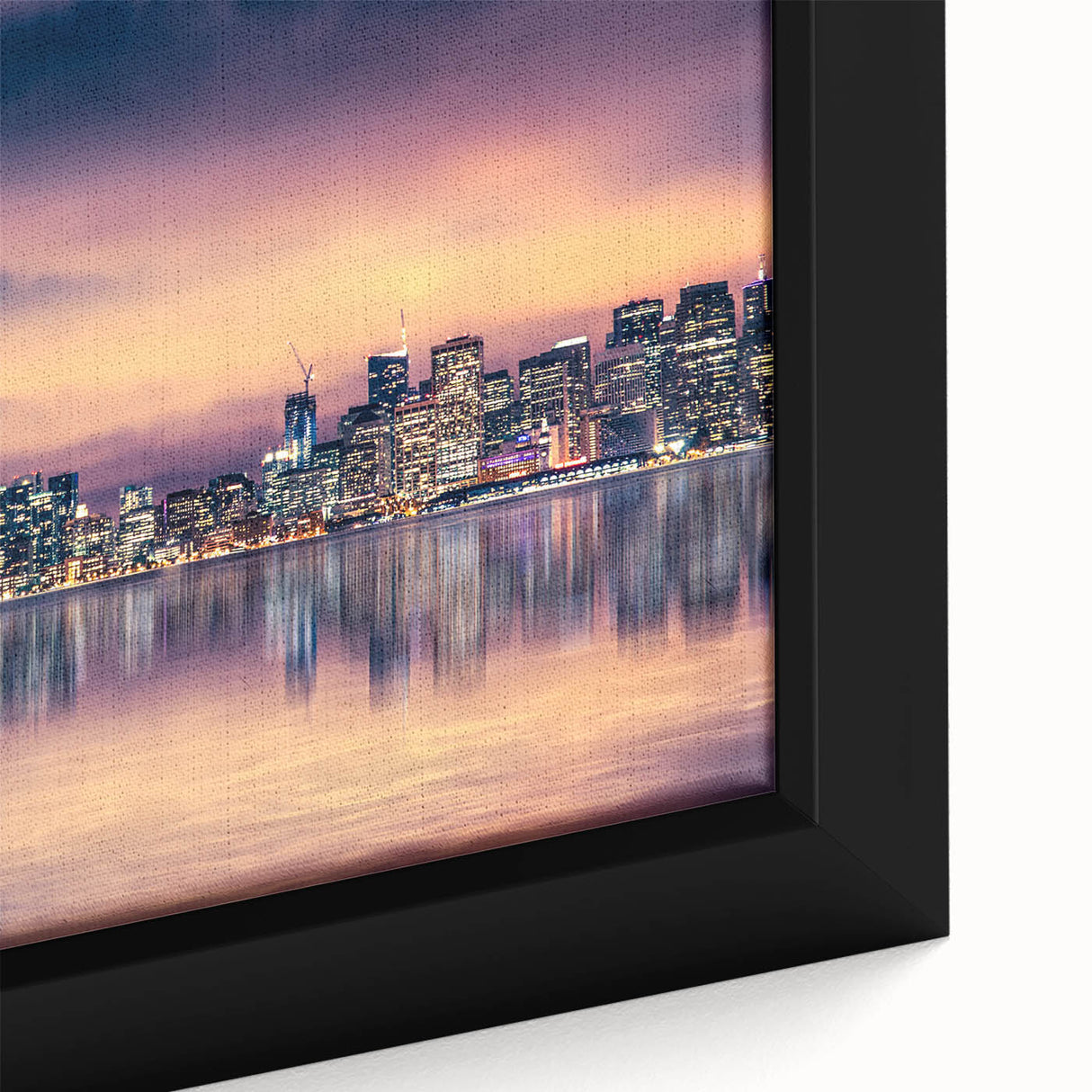 Extra large black wall art featuring a textured San Francisco skyline in colorful hues, framed canvas.