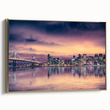 Framed canvas of San Francisco landscape in vintage poster style with black and gold tones, suitable for bedroom wall art.