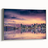 Framed canvas landscape art painting featuring the San Francisco skyline with colorful and black vintage poster art elements.