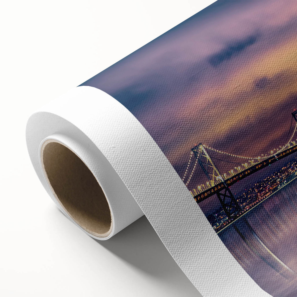 Art Deco-style poster of San Francisco skyline in muted blue tones on rolled canvas, ideal for nursery wall art.