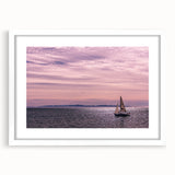 Abstract art print of Santa Barbara in muted blue and white tones, framed in white, ideal for dining room decor.