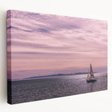 Large stretched canvas depicting a serene Santa Barbara landscape in soft blue and green tones, ideal for kitchen wall art.