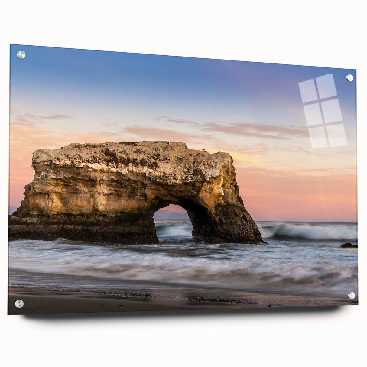Acrylic print of a large abstract depiction of Santa Cruz, featuring vibrant sunset tones.