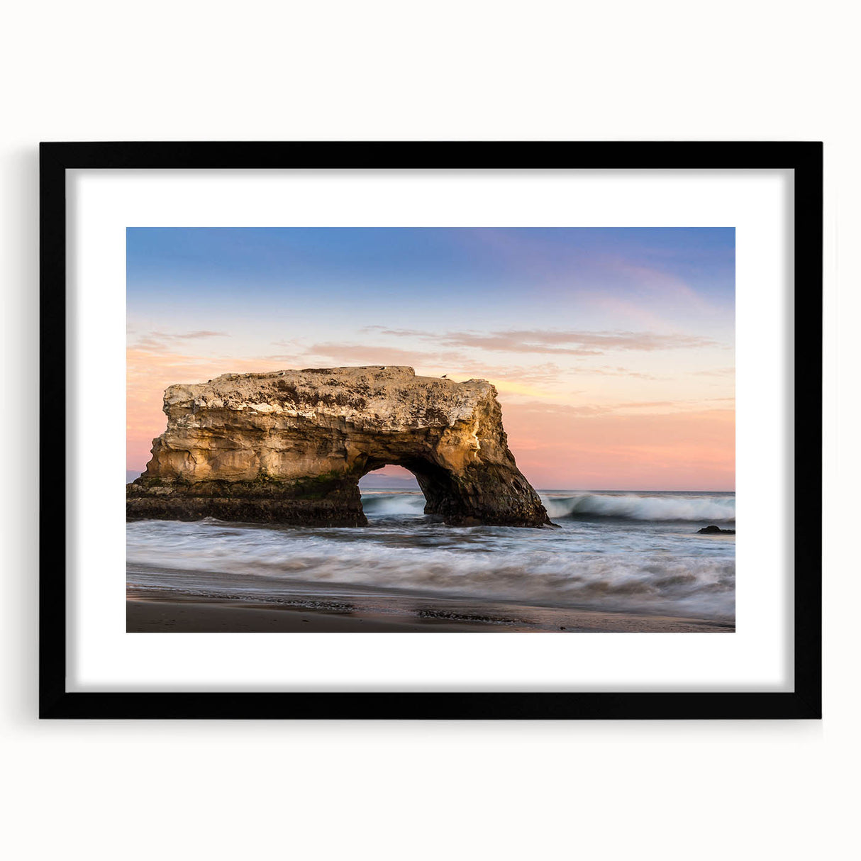 Abstract art print of Santa Cruz with textured, colorful swirls on a large framed canvas, ideal for living room decor.