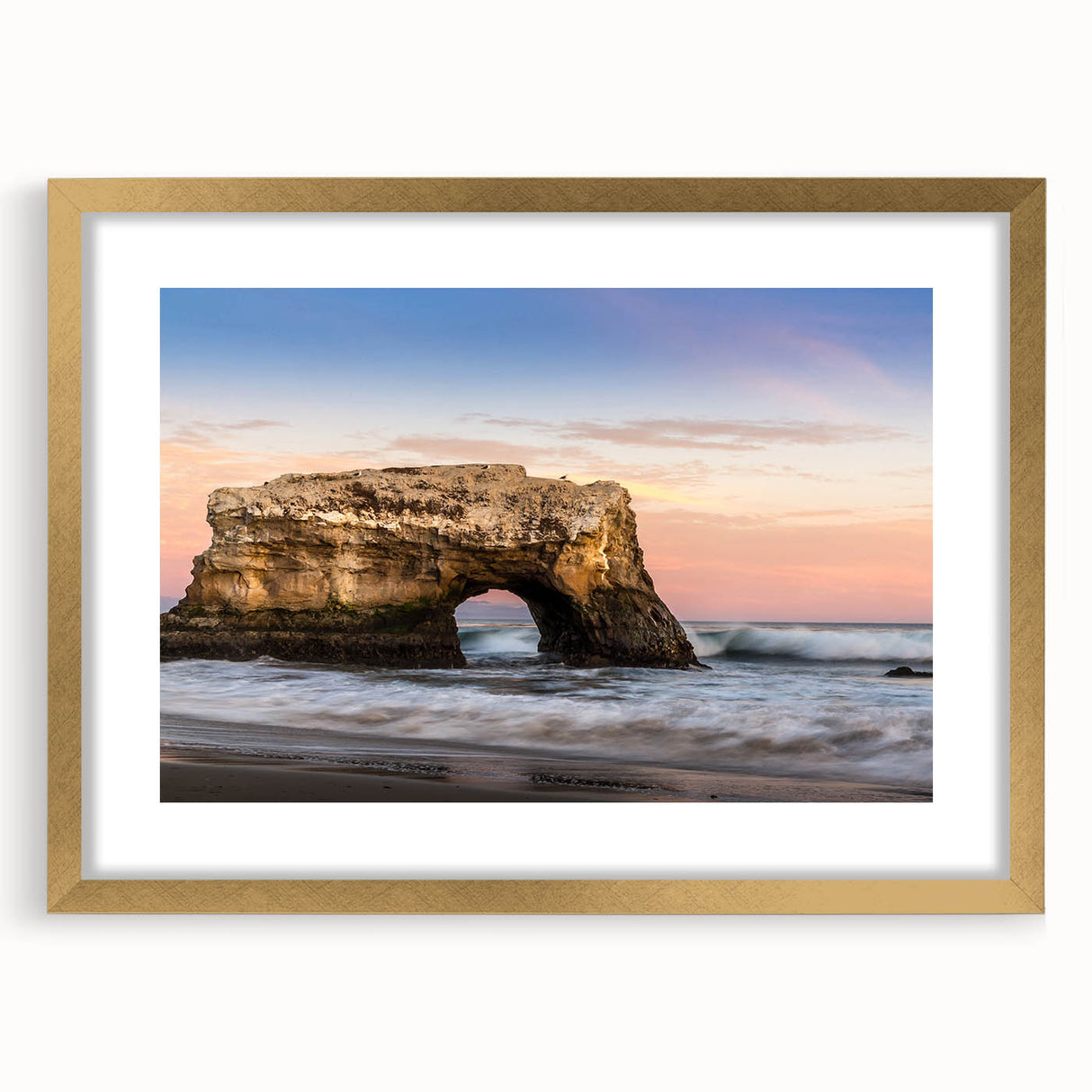 Extra large abstract art print of Santa Cruz with textured gold frame, ideal for living room decor.