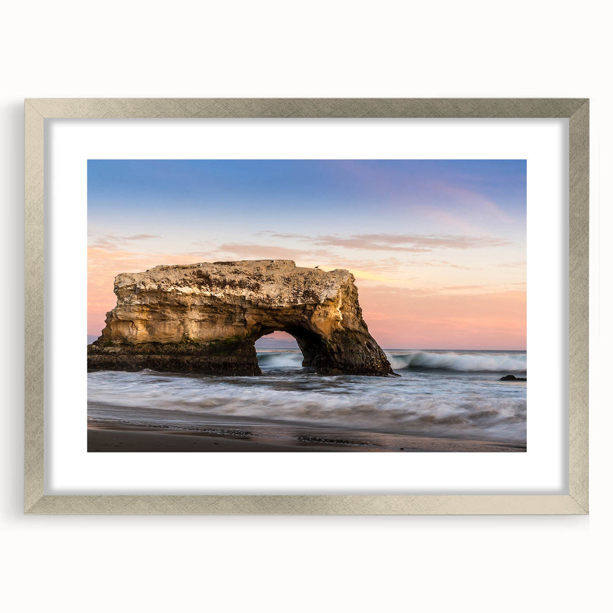 Textured abstract art print of Santa Cruz scenery in muted blue and green hues on a silver-framed canvas.
