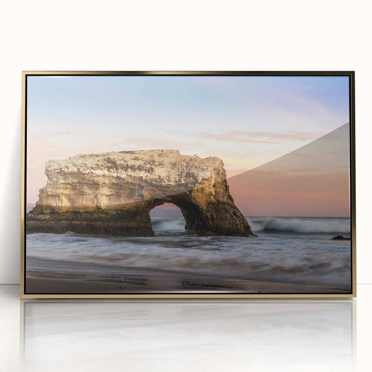 Mid-century modernist style acrylic print of Santa Cruz scenery in golden frame, ideal for nursery wall decor.