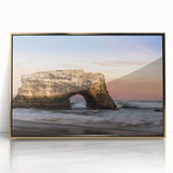 Mid-century modernist style acrylic print of Santa Cruz scenery in golden frame, ideal for nursery wall decor.