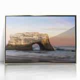 Mid-century modernist art depicting Santa Cruz scenery in muted blue and gray tones on a framed acrylic print.