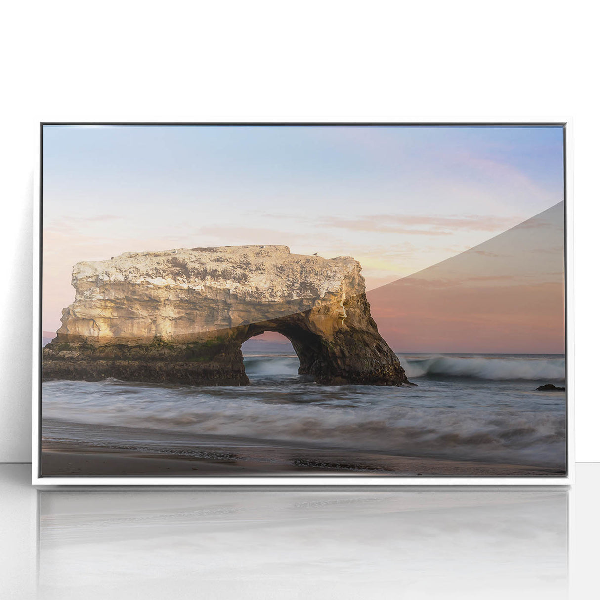 Art deco poster of Santa Cruz scenery in muted blue tones, framed acrylic, suitable for modern nursery wall decor.