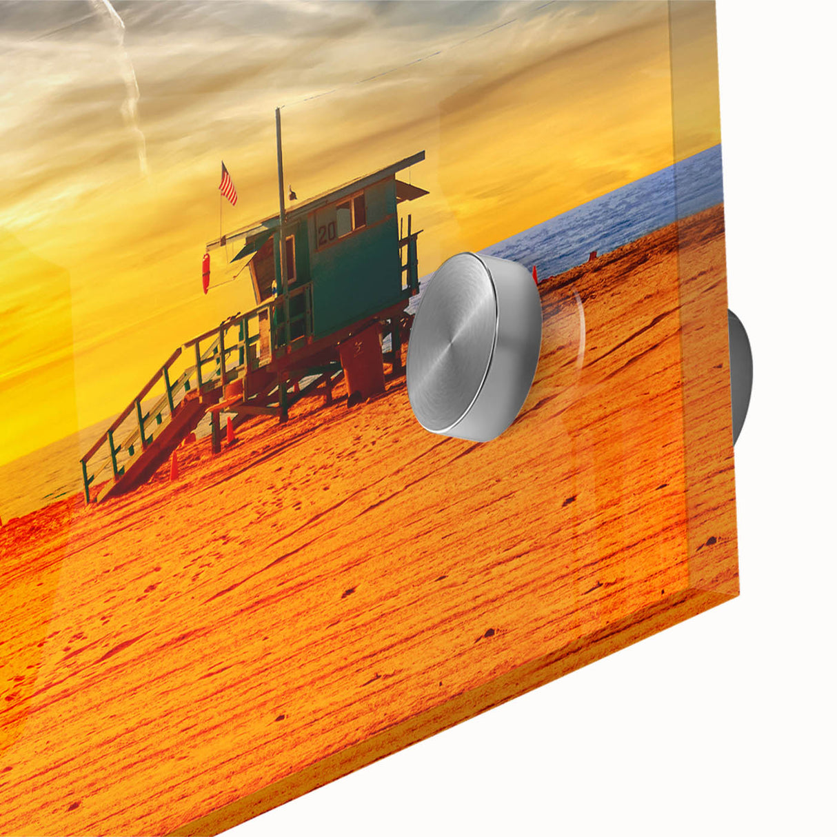Large abstract wall art of Santa Monica in muted blue and pink tones on acrylic glass, suited for dining room ambiance.
