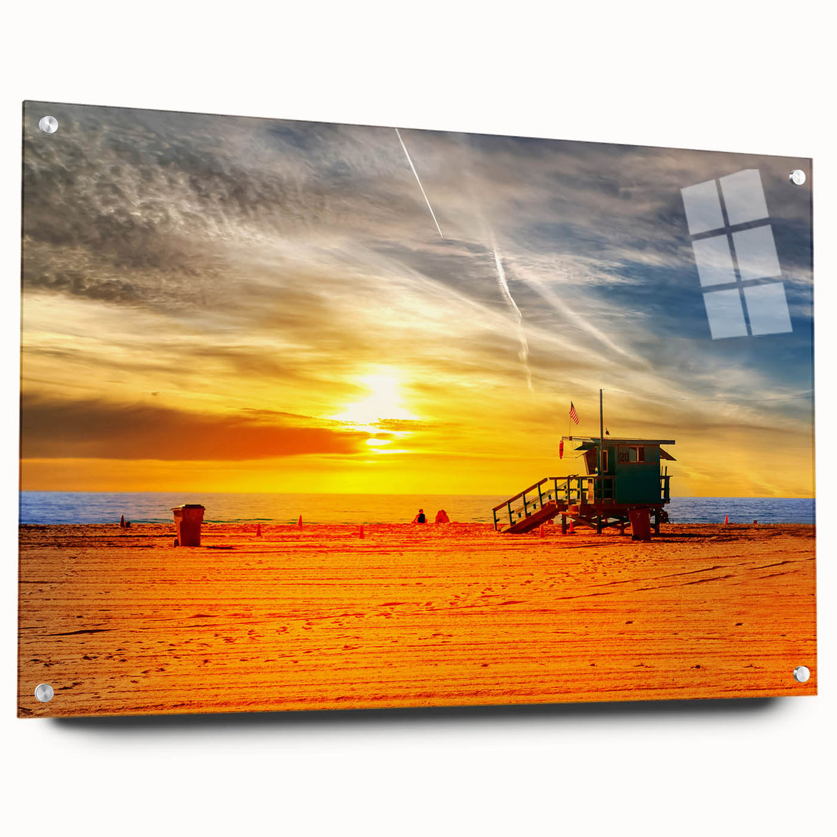 Acrylic print of a large abstract depiction of Santa Monica, featuring muted blue and orange tones.