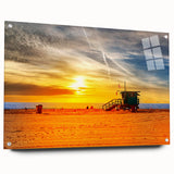 Acrylic print of a large abstract depiction of Santa Monica, featuring muted blue and orange tones.