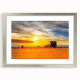 Textured abstract art print of Santa Monica, featuring a mix of muted blues and grays, framed in silver.