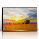 Large abstract wall art depicting Santa Monica scenery in muted blue and green tones on a framed acrylic print.