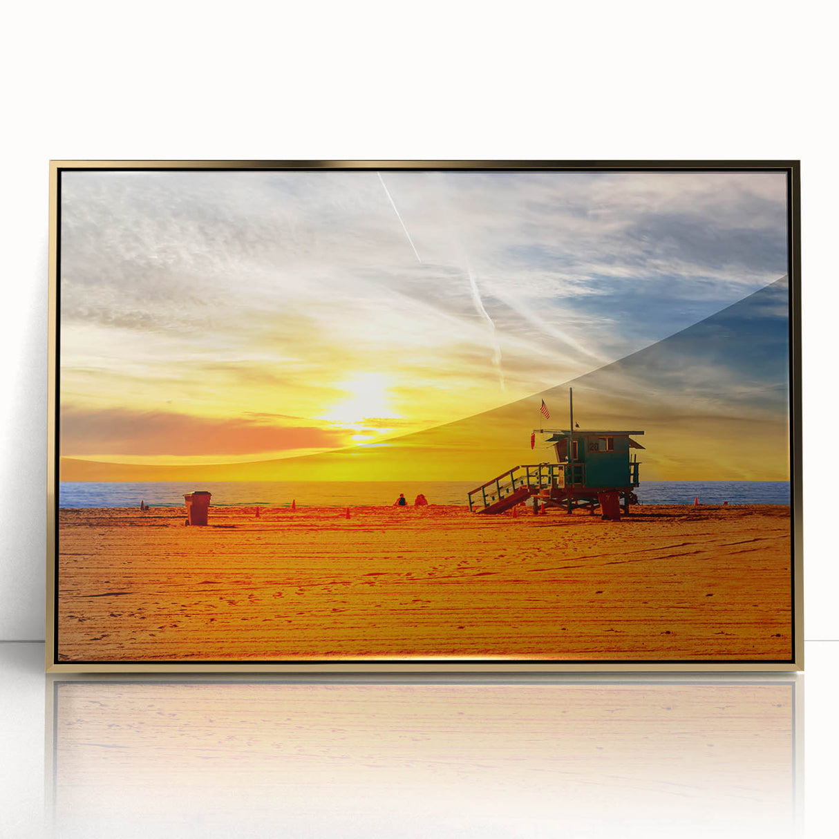 Acrylic print of Santa Monica scenery in gold frame, using mid-century modernist style, suitable for nursery wall art.