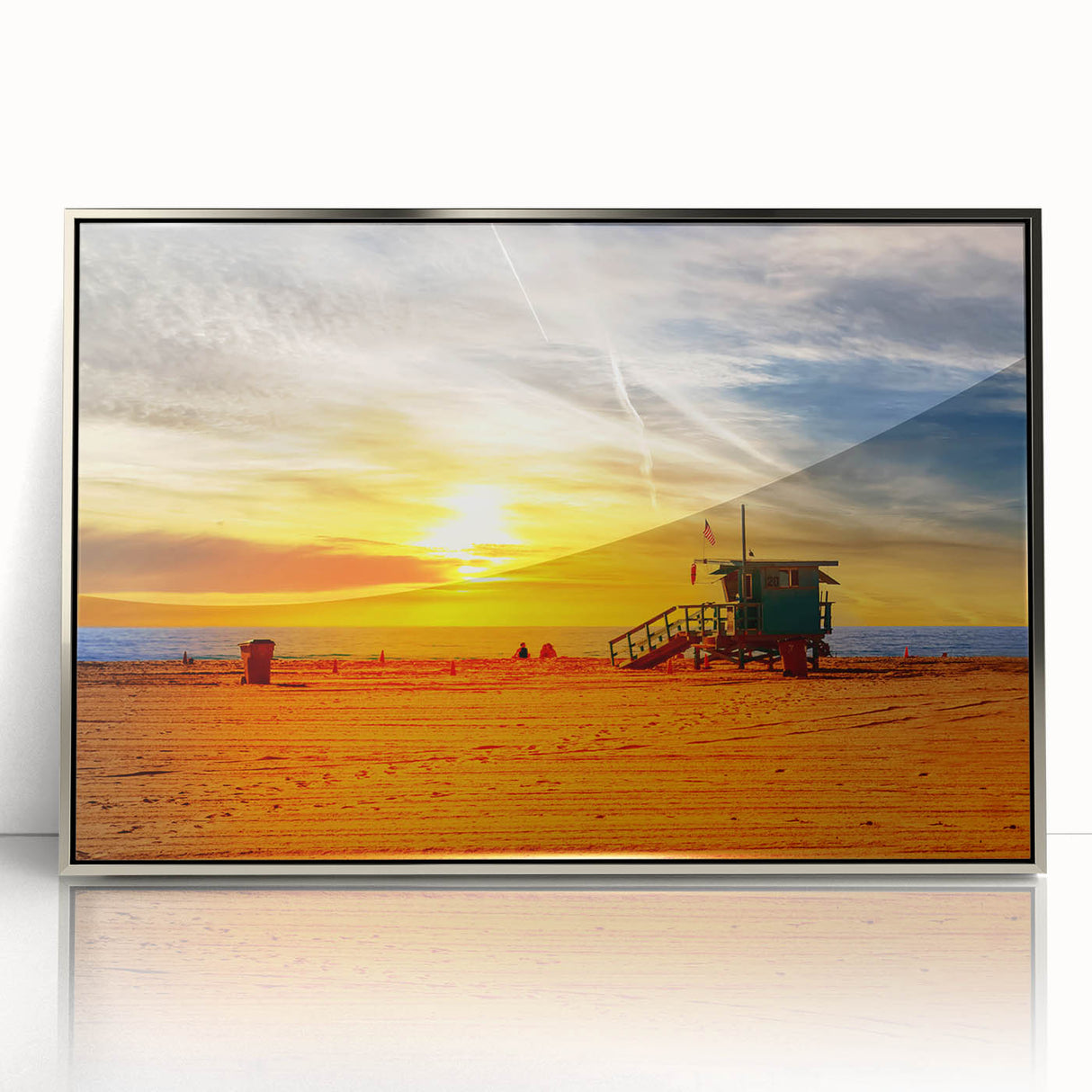 Mid-century modernist acrylic print of Santa Monica scenery, featuring soft pastel shades, ideal for nursery wall art.