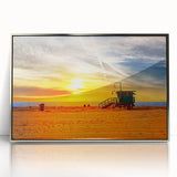 Mid-century modernist acrylic print of Santa Monica scenery, featuring soft pastel shades, ideal for nursery wall art.