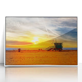 Art Deco poster of Santa Monica scenery on white acrylic framed, ideal for modern nursery wall art.