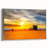Framed canvas featuring a vintage-style landscape art painting of Santa Monica with colorful hues.