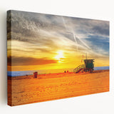 Large canvas print of Santa Monica scenery in muted blue and beige tones, suitable for kitchen wall art.