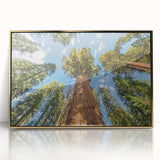 Large art print of a California sequoia landscape in gold frame, ideal for nursery wall art.