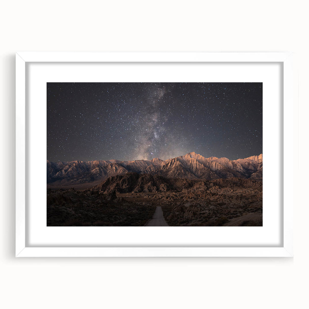 Abstract art print of Sierra Nevada landscape in muted earth tones on a framed white canvas, suitable for dining room decor.