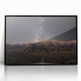 Large abstract wall art depicting the Sierra Nevada in muted earth tones, framed in black acrylic.