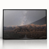 Large abstract wall art depicting the Sierra Nevada in muted earth tones, framed in black acrylic.