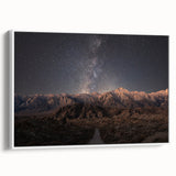 Vintage poster art of Sierra Nevada landscape on framed canvas, featuring colorful art with black accents.