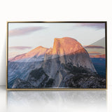 Mid-century modernist style large art print of Yosemite landscape, framed in acrylic with gold tones.