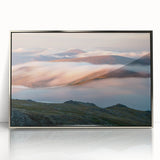 Mid-century modernist art depicting Vail, Colorado scenery in muted earth tones on a framed acrylic print.