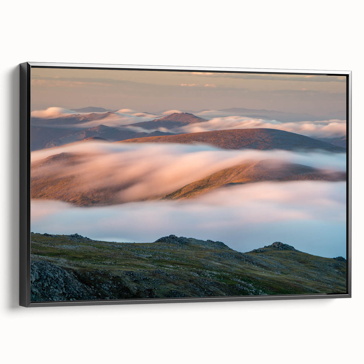 Black and white framed canvas of Vail, Colorado landscape, ideal for bedroom wall decor.