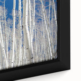 Close-up of a textured black wall art depicting a vibrant Colorado Aspen landscape on a framed canvas.