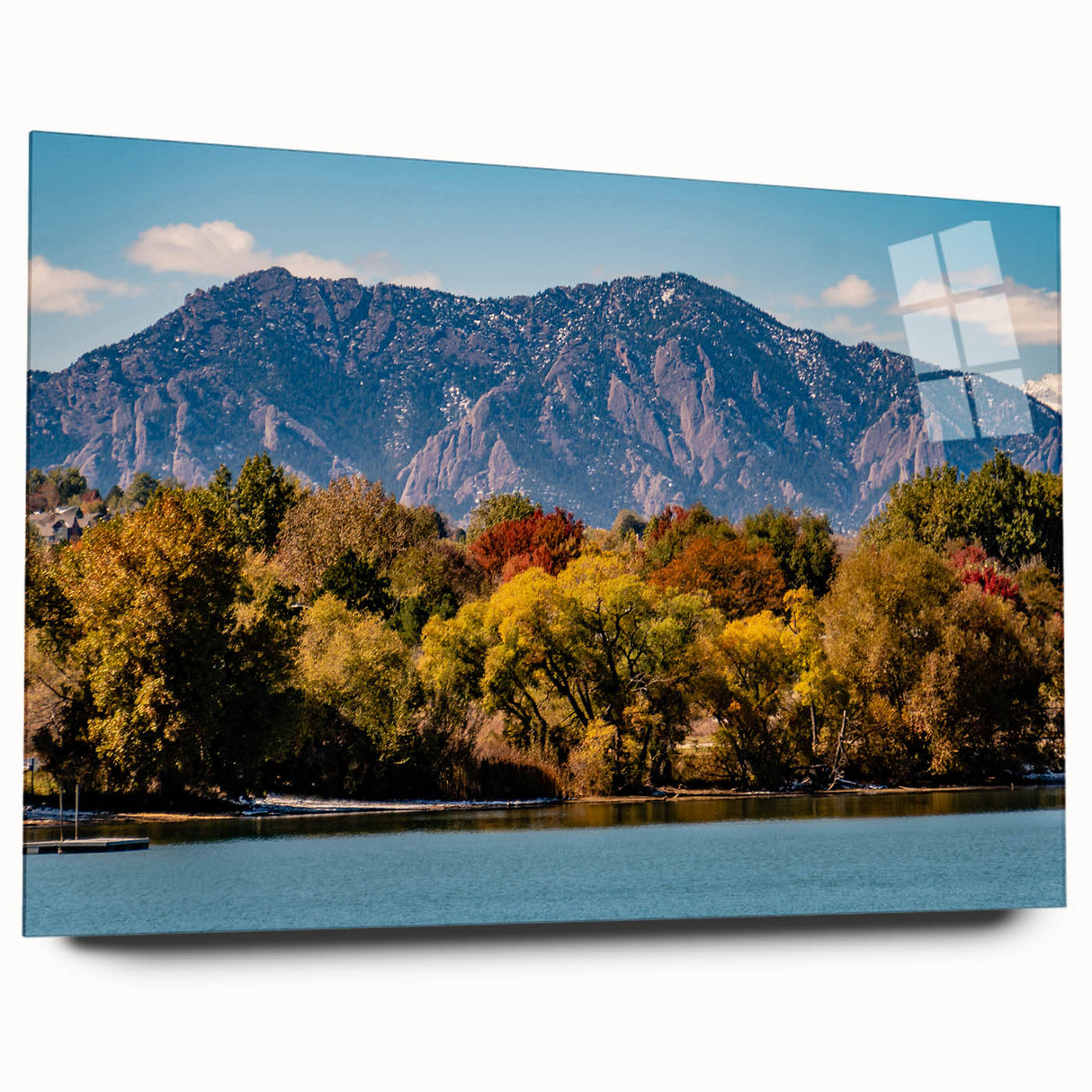 Large abstract wall art depicting the Boulder, Colorado landscape in muted earth tones on acrylic glass.