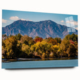 Large abstract wall art depicting the Boulder, Colorado landscape in muted earth tones on acrylic glass.