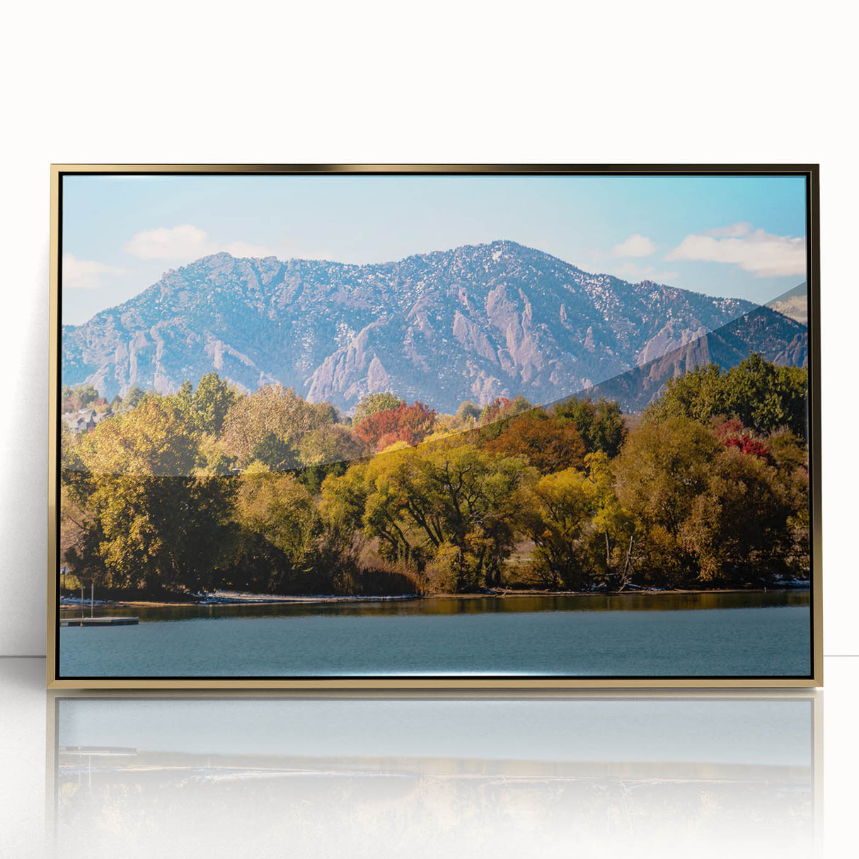 Mid-century modernist style large art print of Boulder, Colorado landscape in acrylic frame, using earth tones.