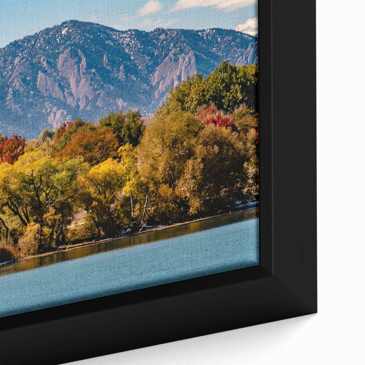 Extra large framed canvas featuring a textured depiction of Boulder, Colorado in black with vibrant colorful accents.