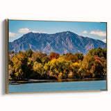 Framed canvas featuring a vintage-style landscape painting of Boulder, Colorado in gold and black tones.