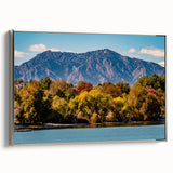 Framed canvas featuring a landscape painting of Boulder, Colorado, with colorful foliage and a silver frame.