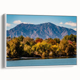 Vintage poster art of Boulder, Colorado in vibrant colors on a large framed canvas, suitable for living room decor.