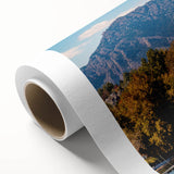 Art deco poster of Boulder, Colorado scenery in pastel shades on rolled canvas, ideal for nursery wall art.